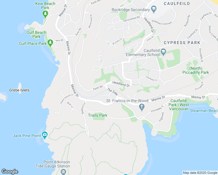 map of restaurants, bars, coffee shops, grocery stores, and more near 4890 The Dale in West Vancouver