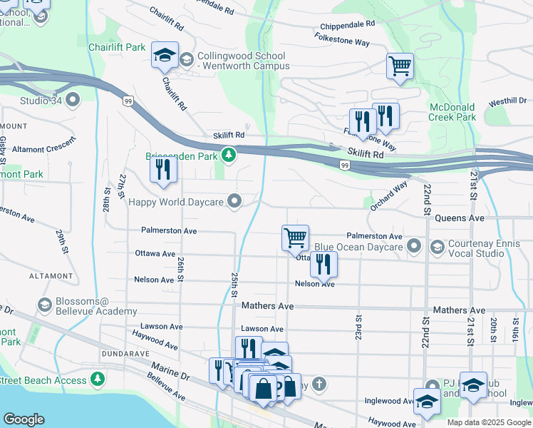 map of restaurants, bars, coffee shops, grocery stores, and more near 2440 Queens Avenue in West Vancouver