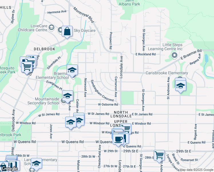 map of restaurants, bars, coffee shops, grocery stores, and more near 198 Carisbrooke Crescent in North Vancouver