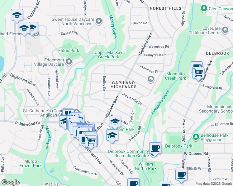 map of restaurants, bars, coffee shops, grocery stores, and more near 955 Forest Hills Drive in North Vancouver