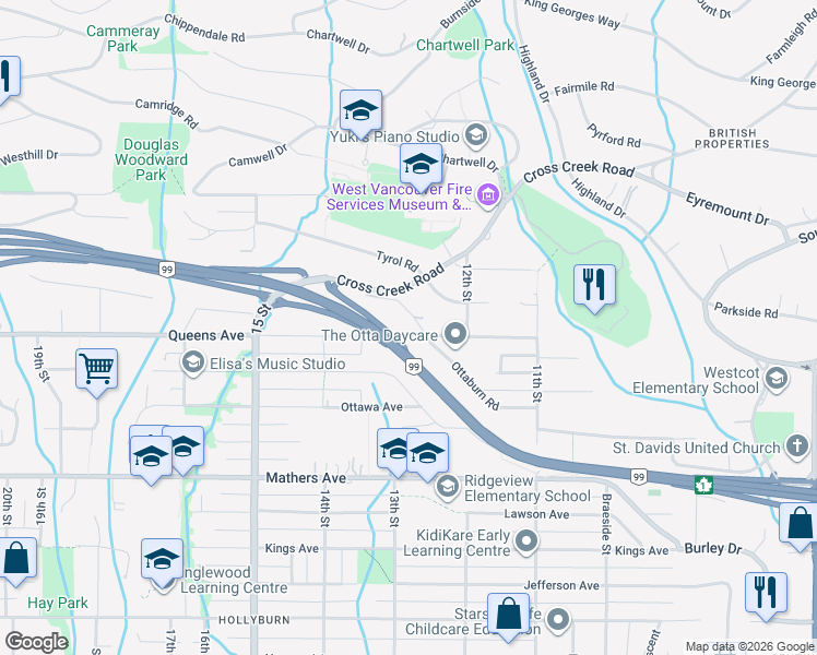 map of restaurants, bars, coffee shops, grocery stores, and more near 1295 Queens Avenue in West Vancouver