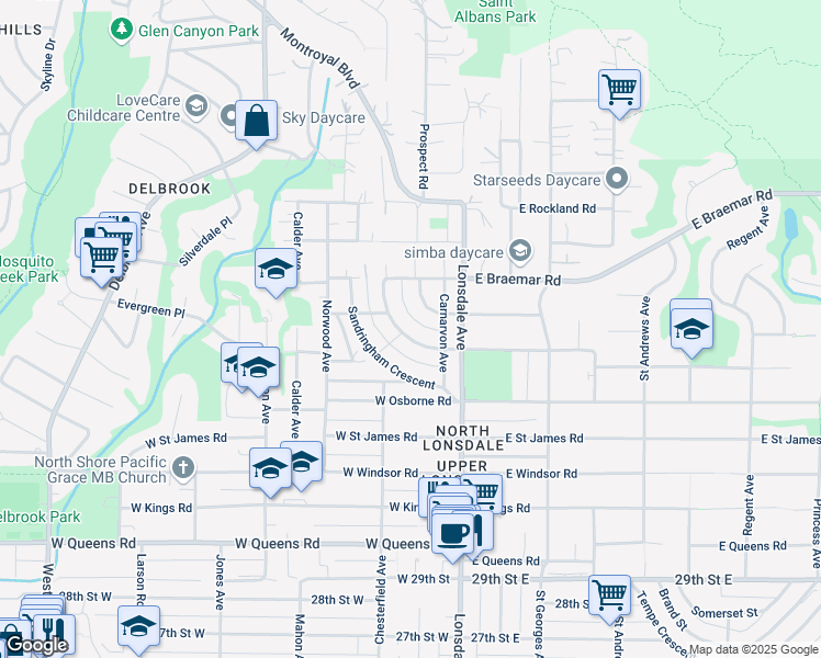 map of restaurants, bars, coffee shops, grocery stores, and more near 198 Carisbrooke Crescent in North Vancouver