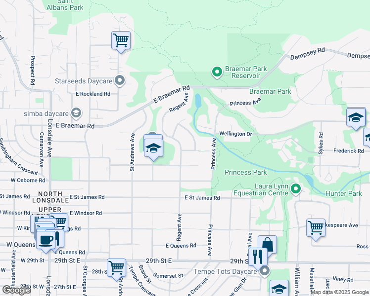map of restaurants, bars, coffee shops, grocery stores, and more near 3602 Regent Avenue in North Vancouver