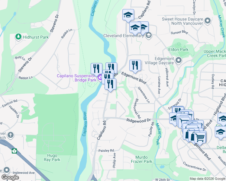 map of restaurants, bars, coffee shops, grocery stores, and more near 3650 Capilano Road in North Vancouver