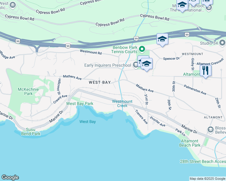 map of restaurants, bars, coffee shops, grocery stores, and more near 3284 Mathers Avenue in West Vancouver