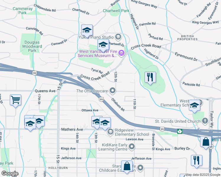 map of restaurants, bars, coffee shops, grocery stores, and more near 1265 Queens Avenue in West Vancouver
