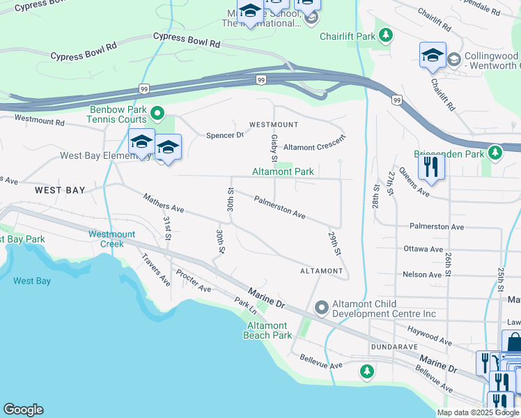map of restaurants, bars, coffee shops, grocery stores, and more near 2980 Palmerston Avenue in West Vancouver