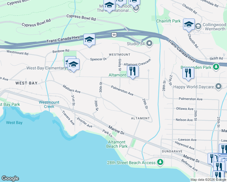 map of restaurants, bars, coffee shops, grocery stores, and more near 2980 Palmerston Avenue in West Vancouver