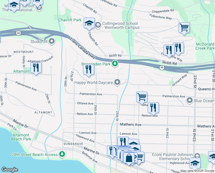map of restaurants, bars, coffee shops, grocery stores, and more near 2550 Queens Avenue in Vancouver