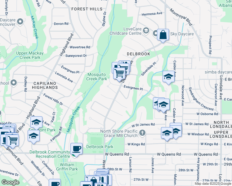 map of restaurants, bars, coffee shops, grocery stores, and more near 695 Kerry Place in North Vancouver