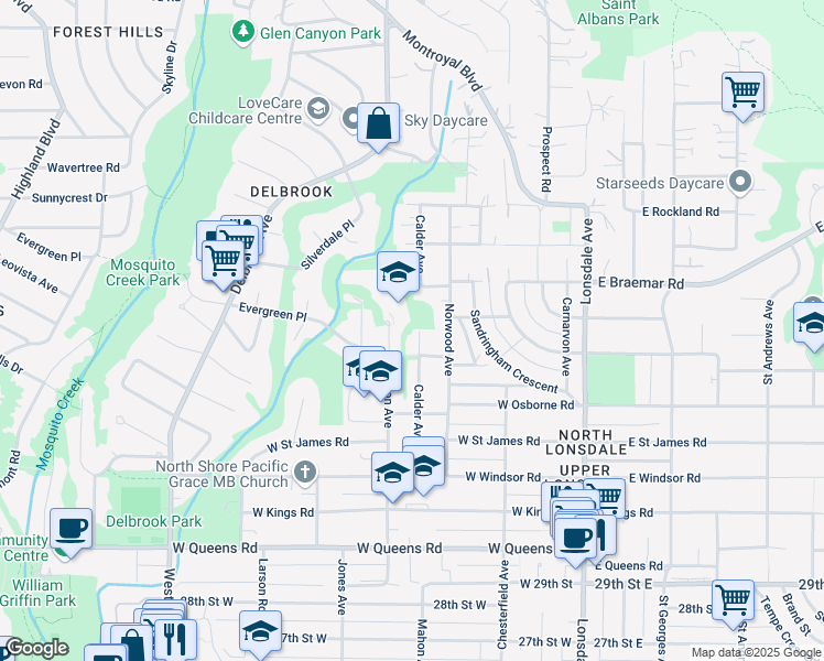 map of restaurants, bars, coffee shops, grocery stores, and more near 3567 Calder Avenue in North Vancouver