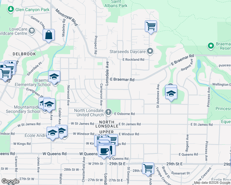 map of restaurants, bars, coffee shops, grocery stores, and more near 145 East Kensington Road in North Vancouver