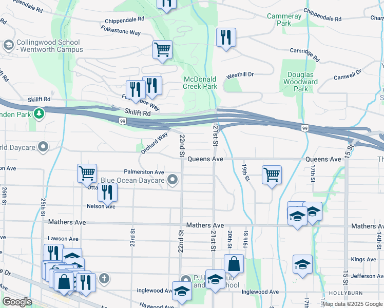 map of restaurants, bars, coffee shops, grocery stores, and more near 2171 Queens Avenue in West Vancouver