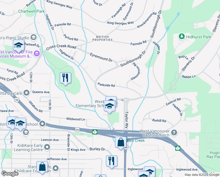 map of restaurants, bars, coffee shops, grocery stores, and more near Parkside Road in West Vancouver