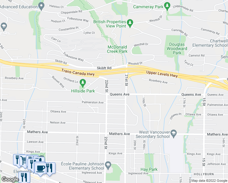 map of restaurants, bars, coffee shops, grocery stores, and more near in West Vancouver