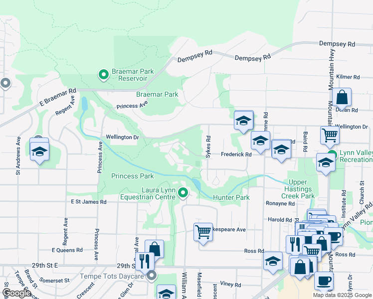 map of restaurants, bars, coffee shops, grocery stores, and more near 887 Frederick Road in North Vancouver