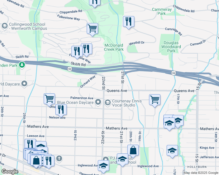 map of restaurants, bars, coffee shops, grocery stores, and more near 2171 Queens Avenue in Vancouver
