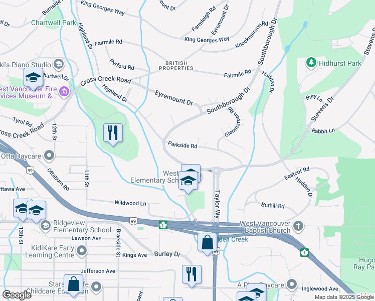 map of restaurants, bars, coffee shops, grocery stores, and more near 720 Parkside Road in West Vancouver