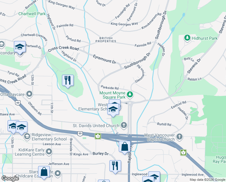 map of restaurants, bars, coffee shops, grocery stores, and more near 715 Parkside Road in West Vancouver