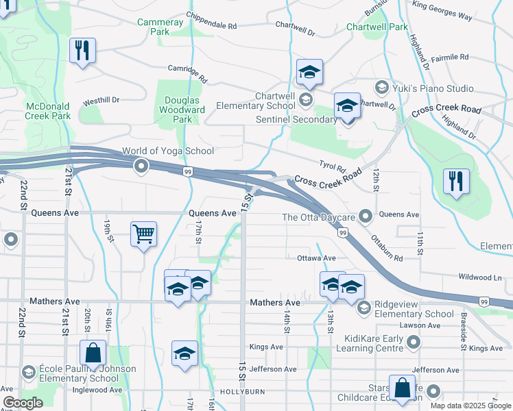 map of restaurants, bars, coffee shops, grocery stores, and more near 1497 Queens Avenue in West Vancouver