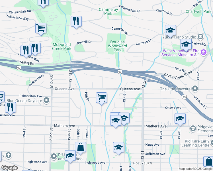 map of restaurants, bars, coffee shops, grocery stores, and more near 1775 Queens Avenue in Vancouver