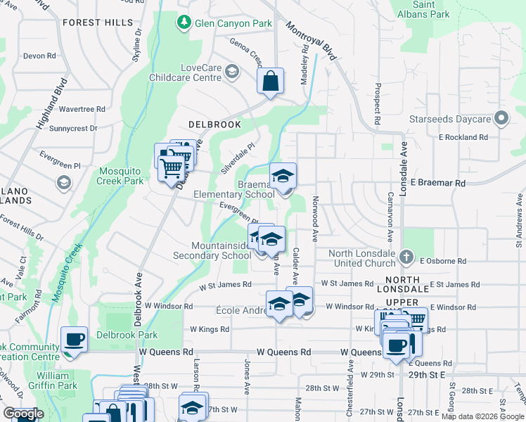 map of restaurants, bars, coffee shops, grocery stores, and more near 3558 Everglade Place in North Vancouver