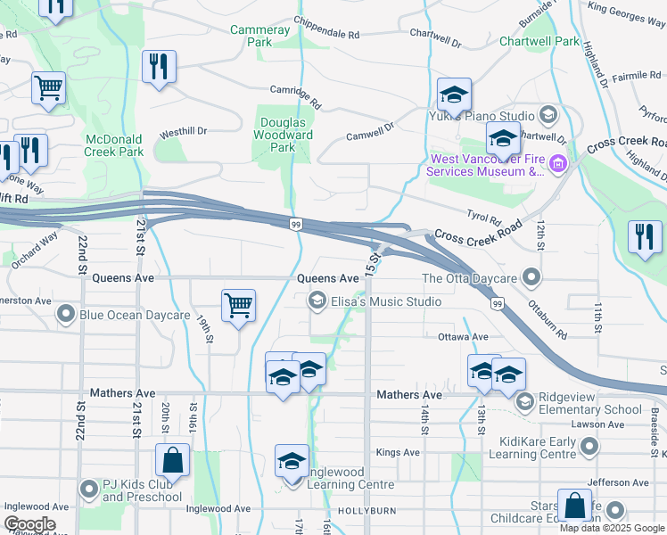 map of restaurants, bars, coffee shops, grocery stores, and more near 1570 Rena Crescent in West Vancouver