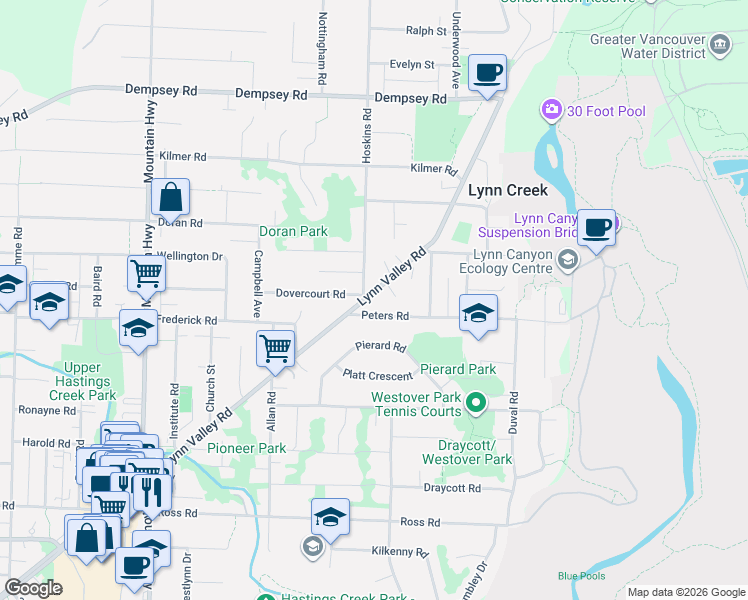 map of restaurants, bars, coffee shops, grocery stores, and more near 1611 Lynn Valley Road in North Vancouver