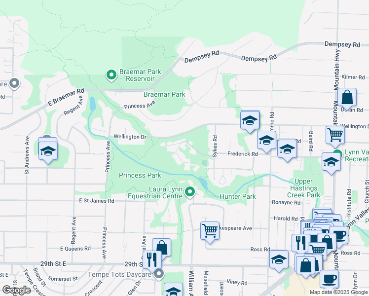 map of restaurants, bars, coffee shops, grocery stores, and more near 867 Frederick Road in North Vancouver