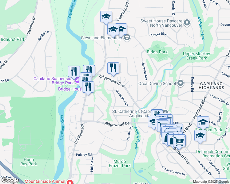 map of restaurants, bars, coffee shops, grocery stores, and more near 3630 Bluebonnet Road in North Vancouver