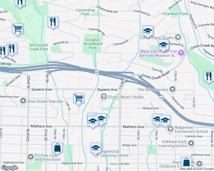map of restaurants, bars, coffee shops, grocery stores, and more near 1665 Queens Avenue in West Vancouver