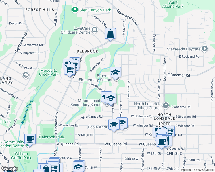 map of restaurants, bars, coffee shops, grocery stores, and more near 3558 Everglade Place in North Vancouver
