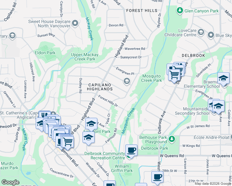 map of restaurants, bars, coffee shops, grocery stores, and more near 920 Melbourne Avenue in North Vancouver