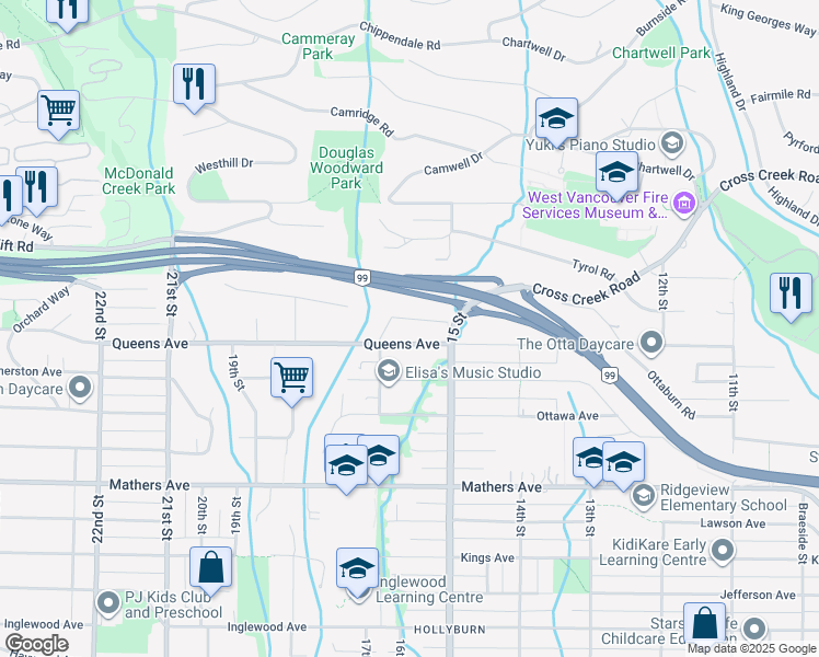 map of restaurants, bars, coffee shops, grocery stores, and more near 1570 Rena Crescent in West Vancouver