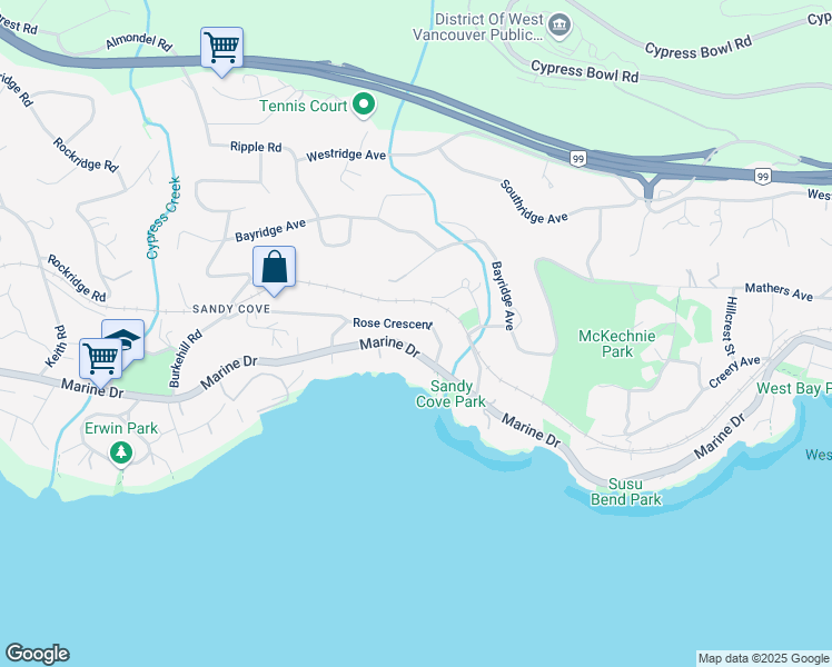 map of restaurants, bars, coffee shops, grocery stores, and more near 4028 Rose Crescent in West Vancouver