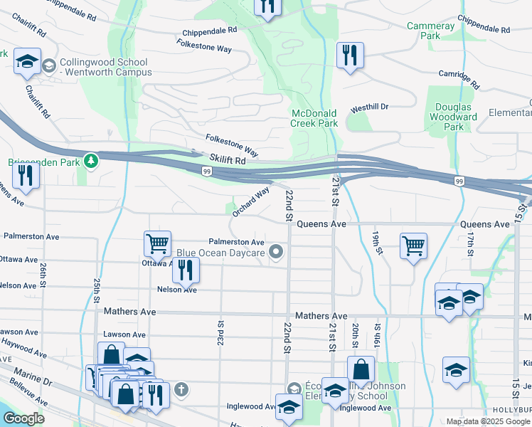 map of restaurants, bars, coffee shops, grocery stores, and more near 2245 Queens Avenue in Vancouver