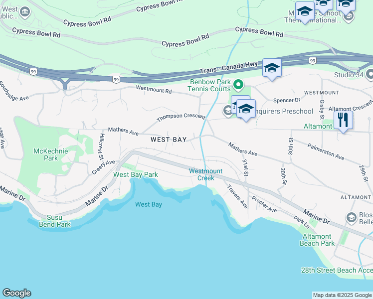 map of restaurants, bars, coffee shops, grocery stores, and more near 3290 Mathers Avenue in West Vancouver
