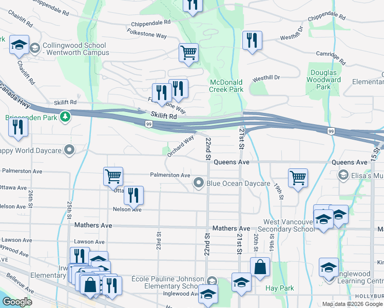 map of restaurants, bars, coffee shops, grocery stores, and more near 2245 Queens Avenue in West Vancouver