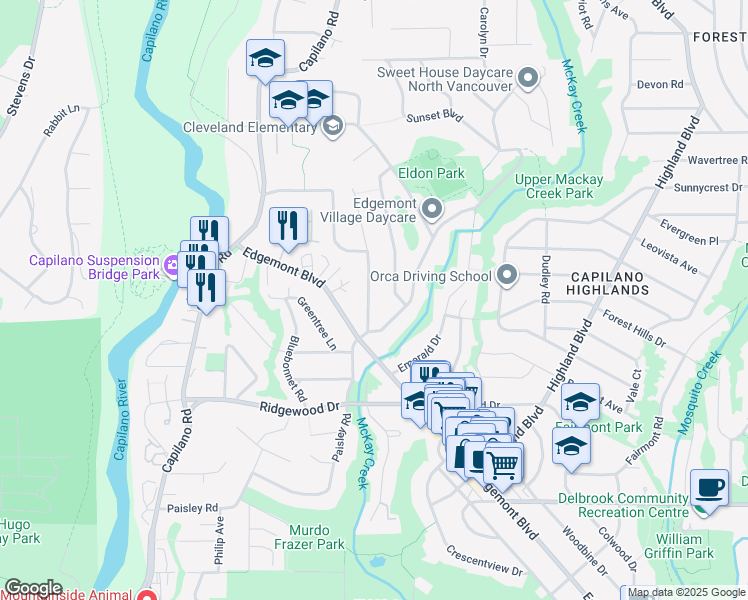 map of restaurants, bars, coffee shops, grocery stores, and more near 3626 Loraine Avenue in North Vancouver