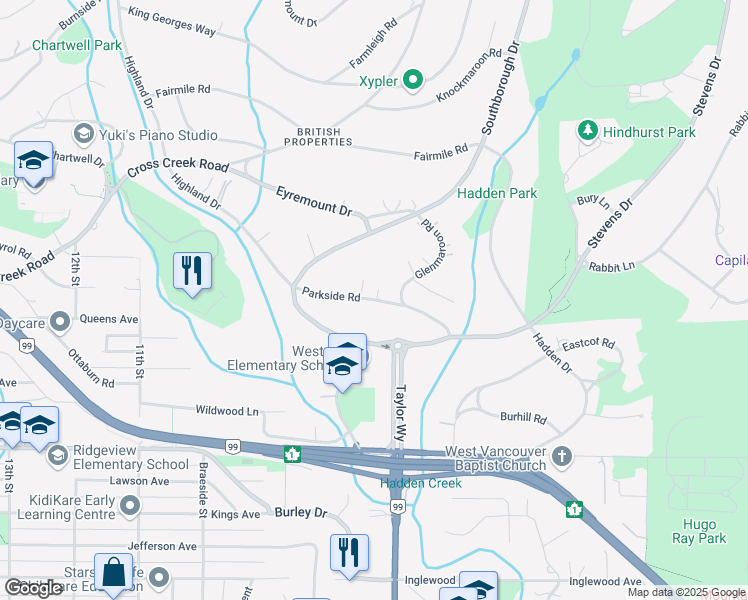 map of restaurants, bars, coffee shops, grocery stores, and more near Parkside Road in West Vancouver