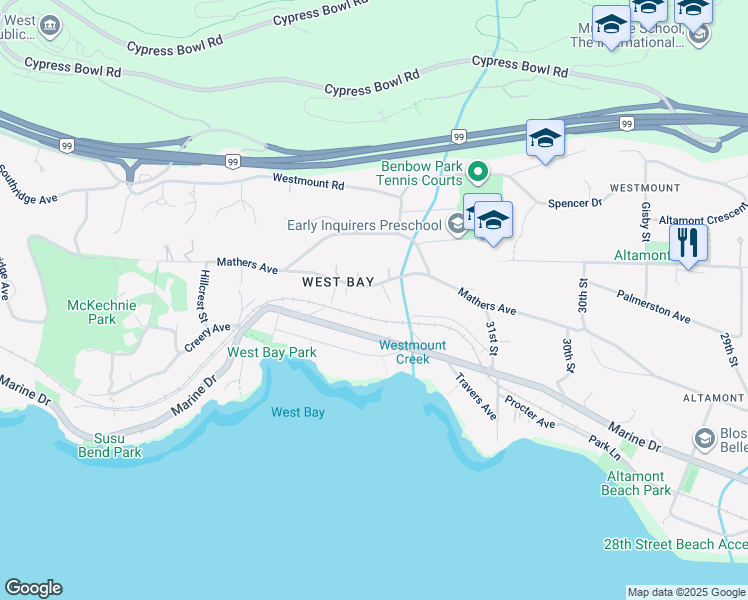 map of restaurants, bars, coffee shops, grocery stores, and more near 3290 Mathers Avenue in West Vancouver