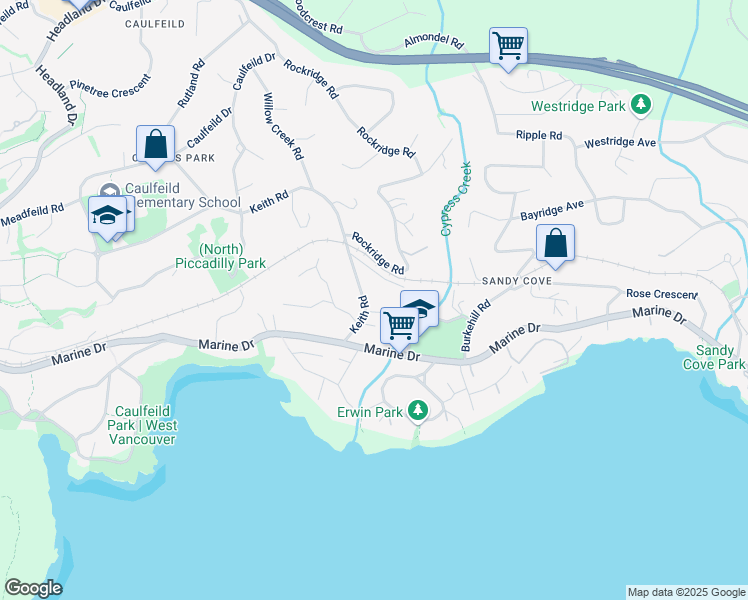 map of restaurants, bars, coffee shops, grocery stores, and more near 4341 Keith Road in North Vancouver