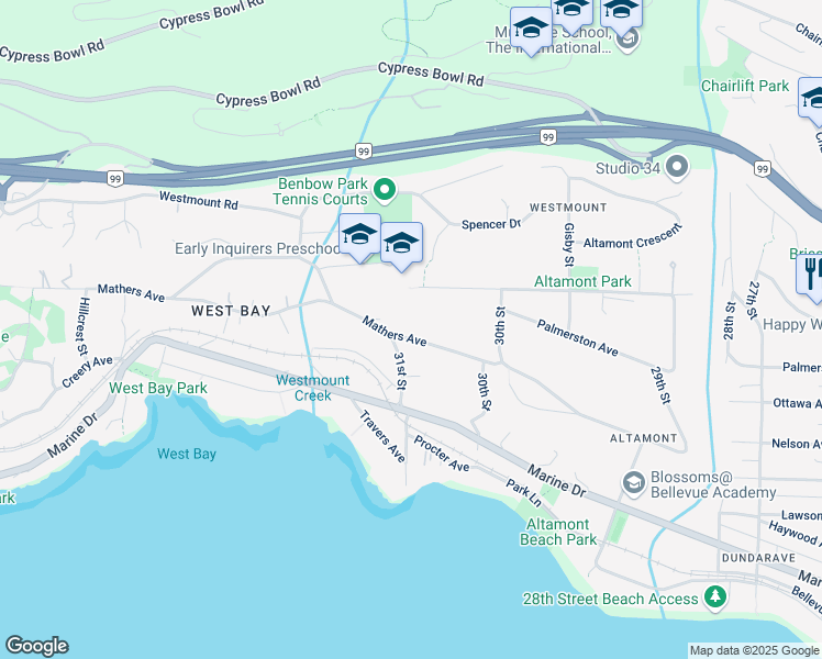 map of restaurants, bars, coffee shops, grocery stores, and more near 3095 Mathers Avenue in West Vancouver