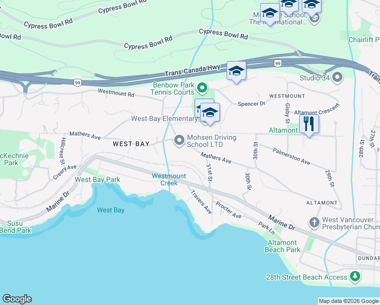map of restaurants, bars, coffee shops, grocery stores, and more near 3172 Mathers Avenue in West Vancouver