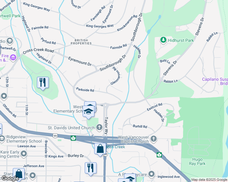 map of restaurants, bars, coffee shops, grocery stores, and more near 660 Holmbury Place in West Vancouver