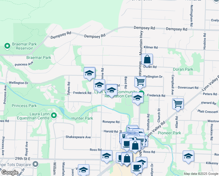 map of restaurants, bars, coffee shops, grocery stores, and more near 1135 Croft Road in North Vancouver