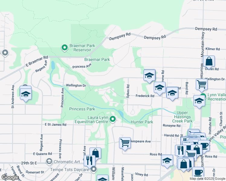 map of restaurants, bars, coffee shops, grocery stores, and more near 858 Frederick Road in North Vancouver