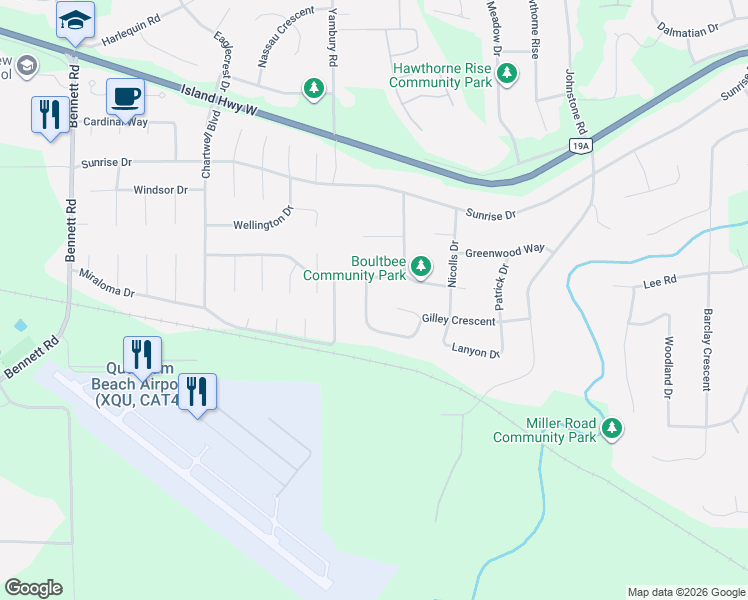 map of restaurants, bars, coffee shops, grocery stores, and more near 1219 Gilley Crescent in Parksville