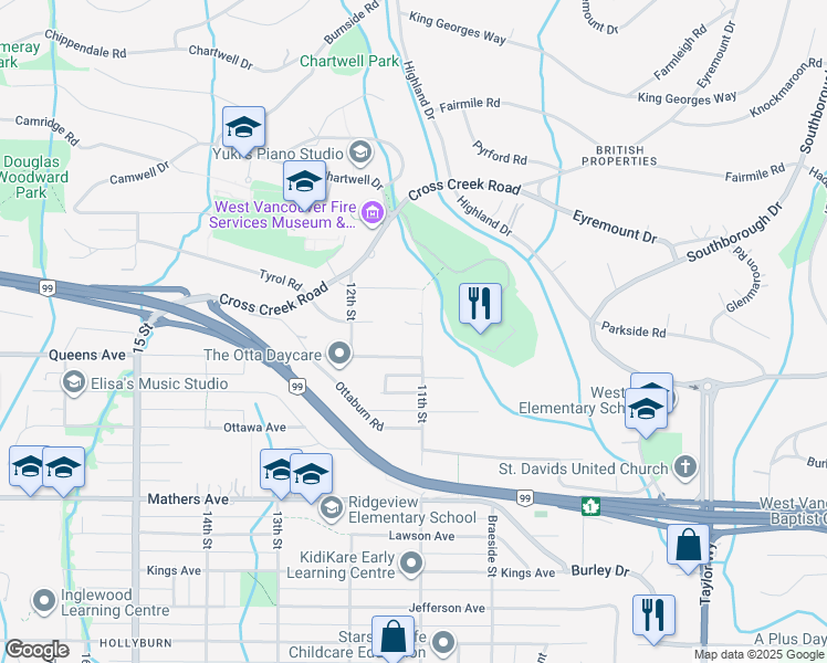 map of restaurants, bars, coffee shops, grocery stores, and more near 1935 11th Place in West Vancouver