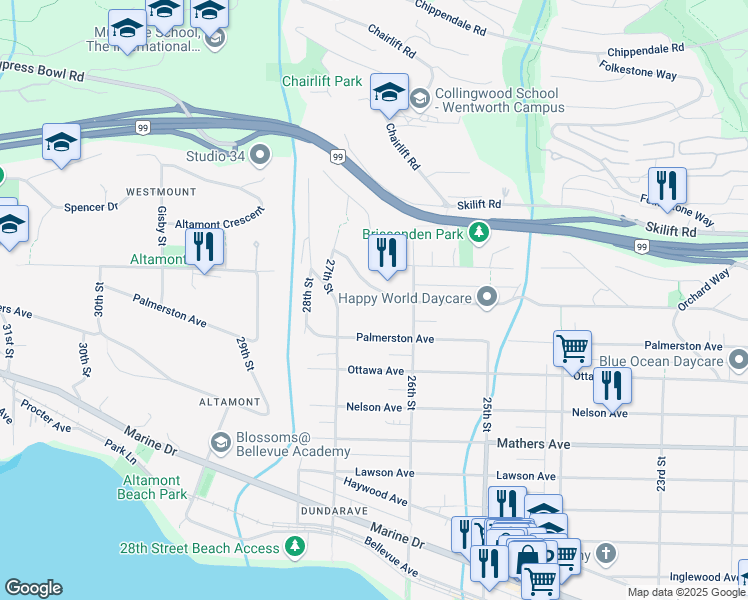 map of restaurants, bars, coffee shops, grocery stores, and more near 2638 Queens Avenue in Vancouver